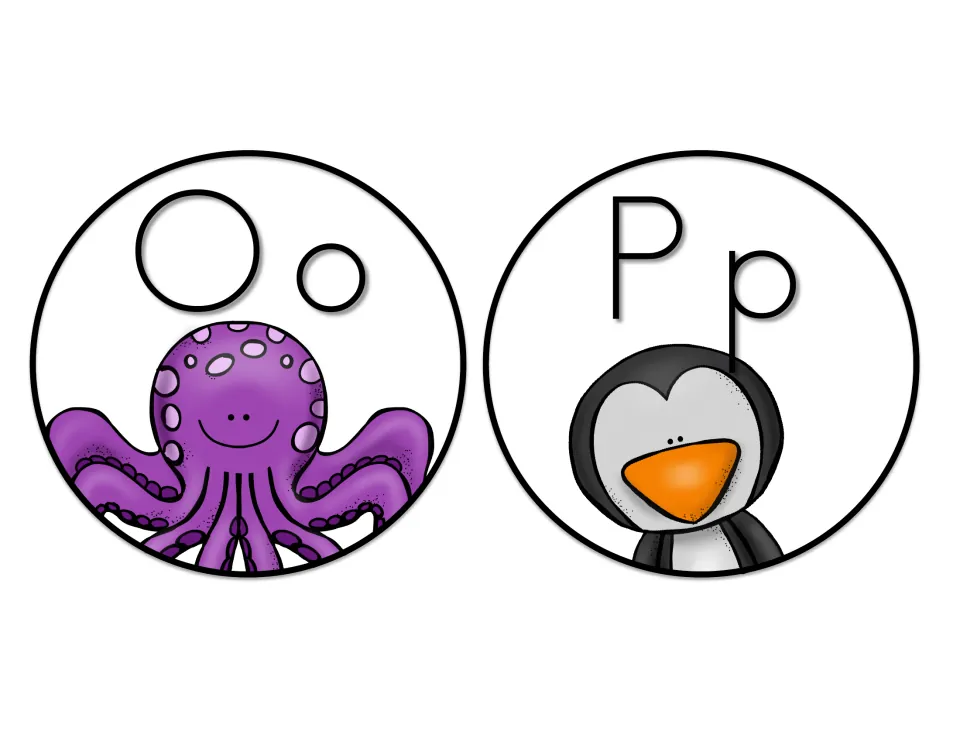 Print letter headers Oo and Pp featuring keyword images for each sound: a purple octopus for O and a penguin for P