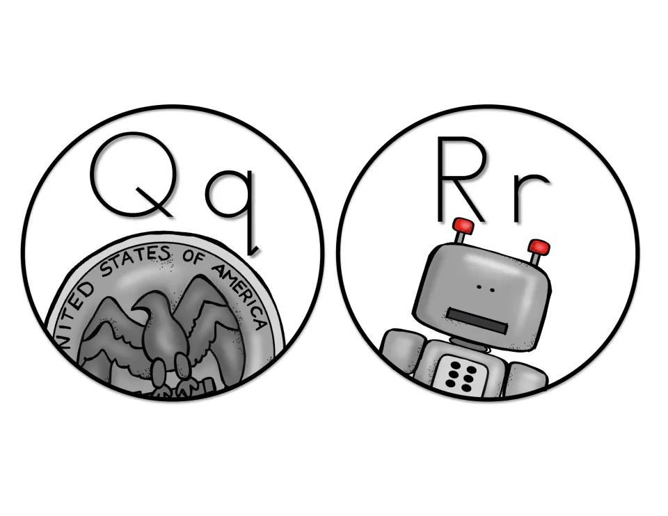Print letter headers Qq and Rr with beginning-sound art: a U.S. quarter coin for Q and a gray robot for R