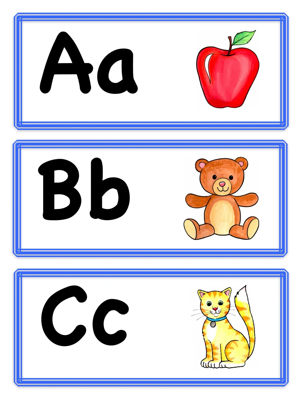 Alphabet header cards Aa, Bb and Cc, each capital and lowercase pair shown with a picture cue: apple, teddy bear, cat