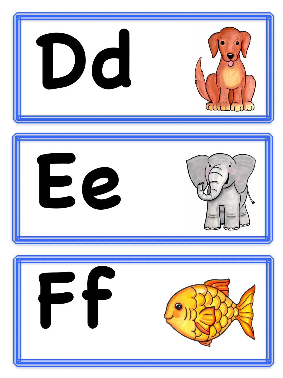 Letter cards Dd, Ee and Ff pairing each upper- and lowercase letter with a picture: dog, elephant and goldfish