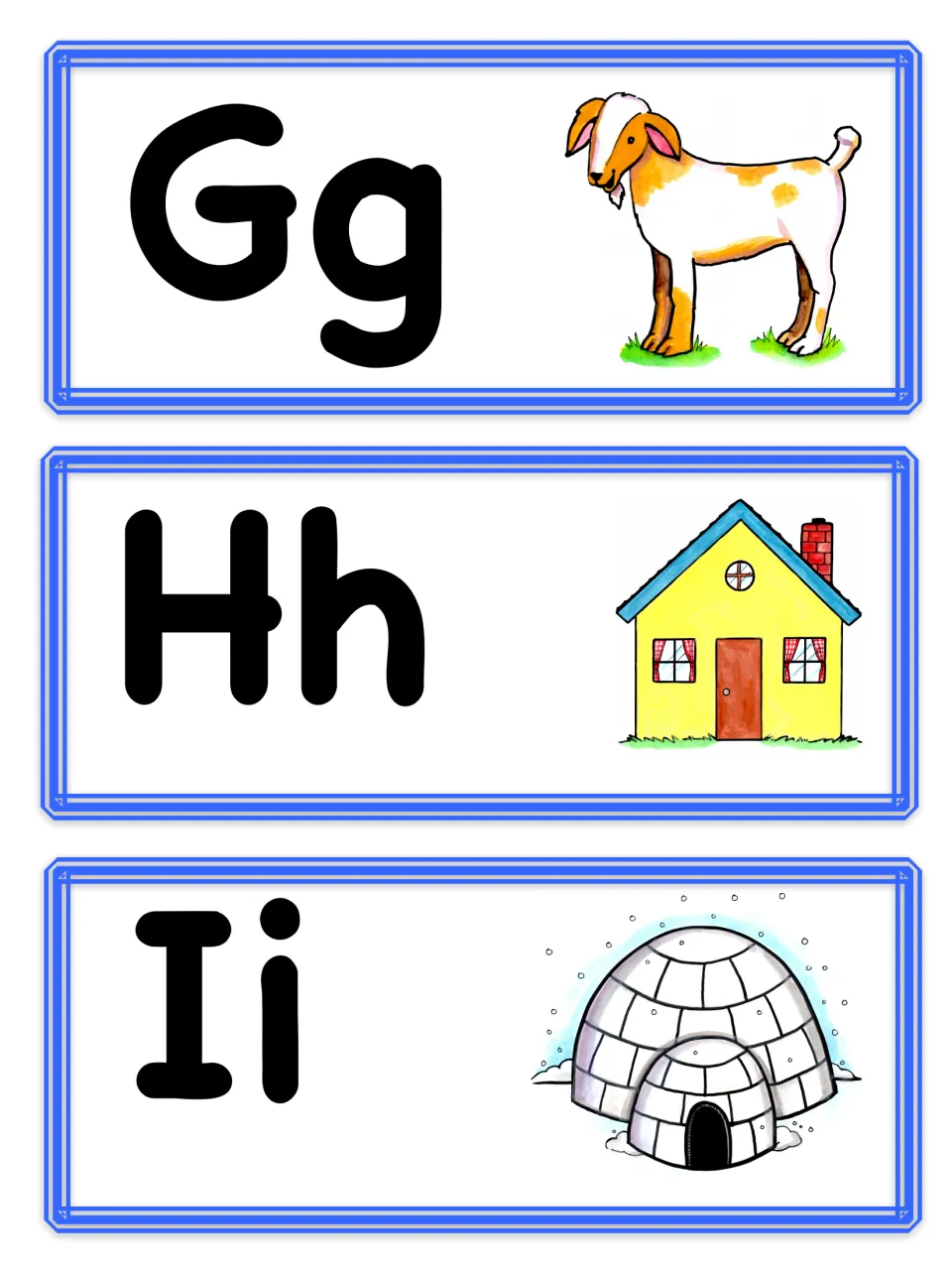 Letter cards Gg, Hh and Ii pairing each upper- and lowercase letter with a picture: goat, house and igloo