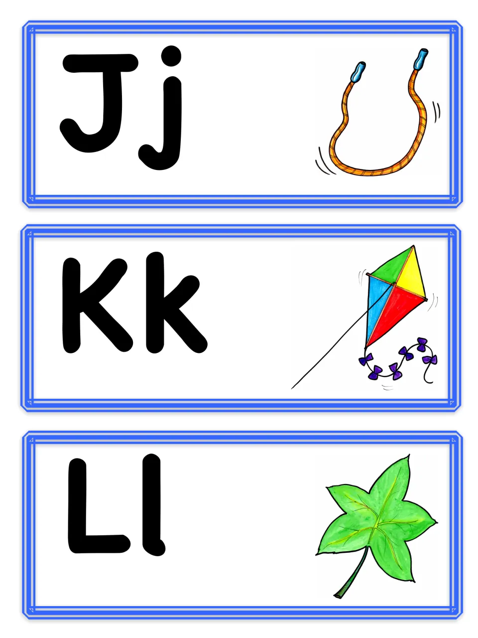 Letter cards Jj, Kk and Ll with picture cues for initial sounds: jump rope, kite and leaf