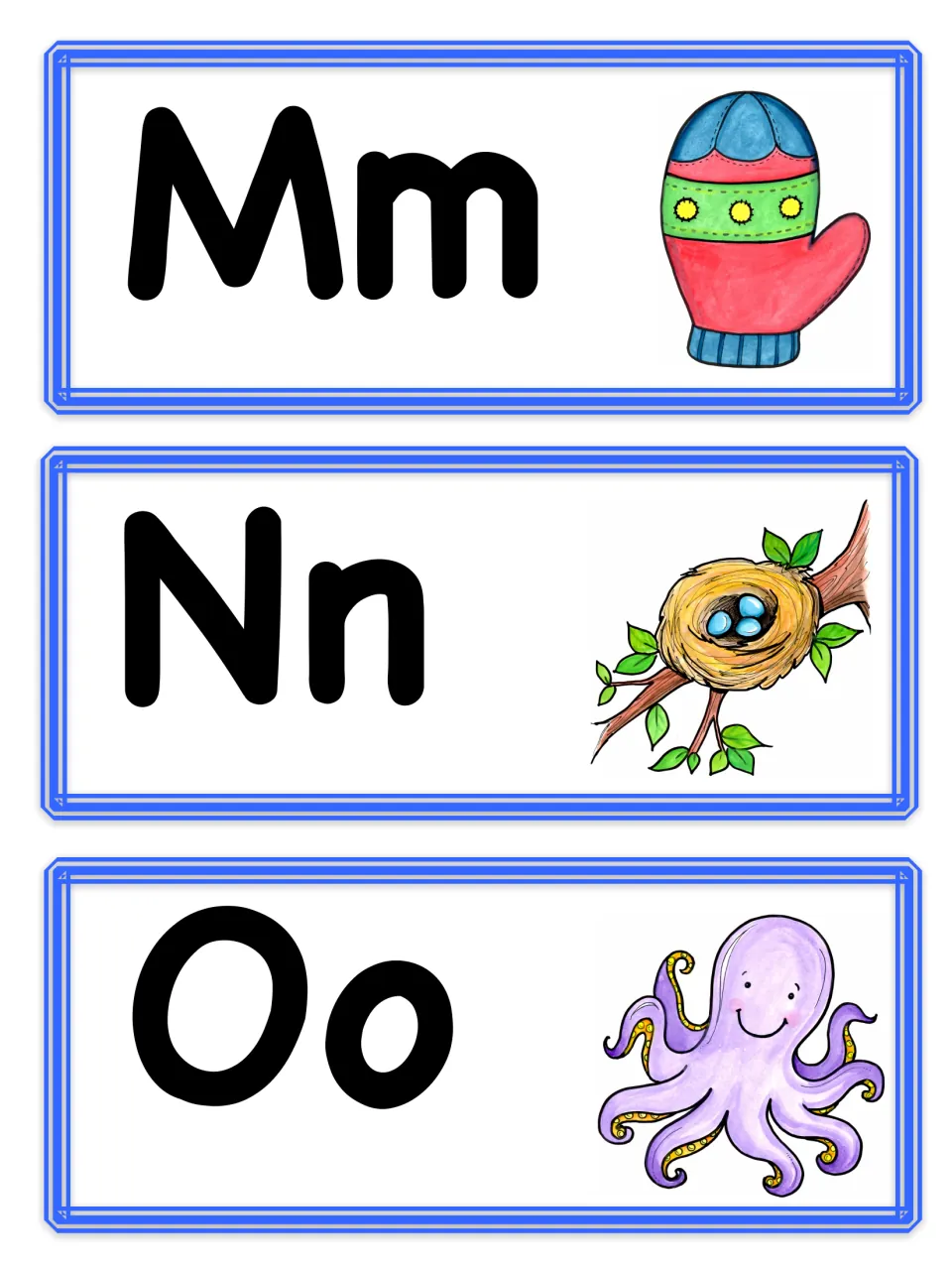 Letter cards Mm, Nn and Oo with picture cues for initial sounds: mitten, bird's nest with eggs and octopus