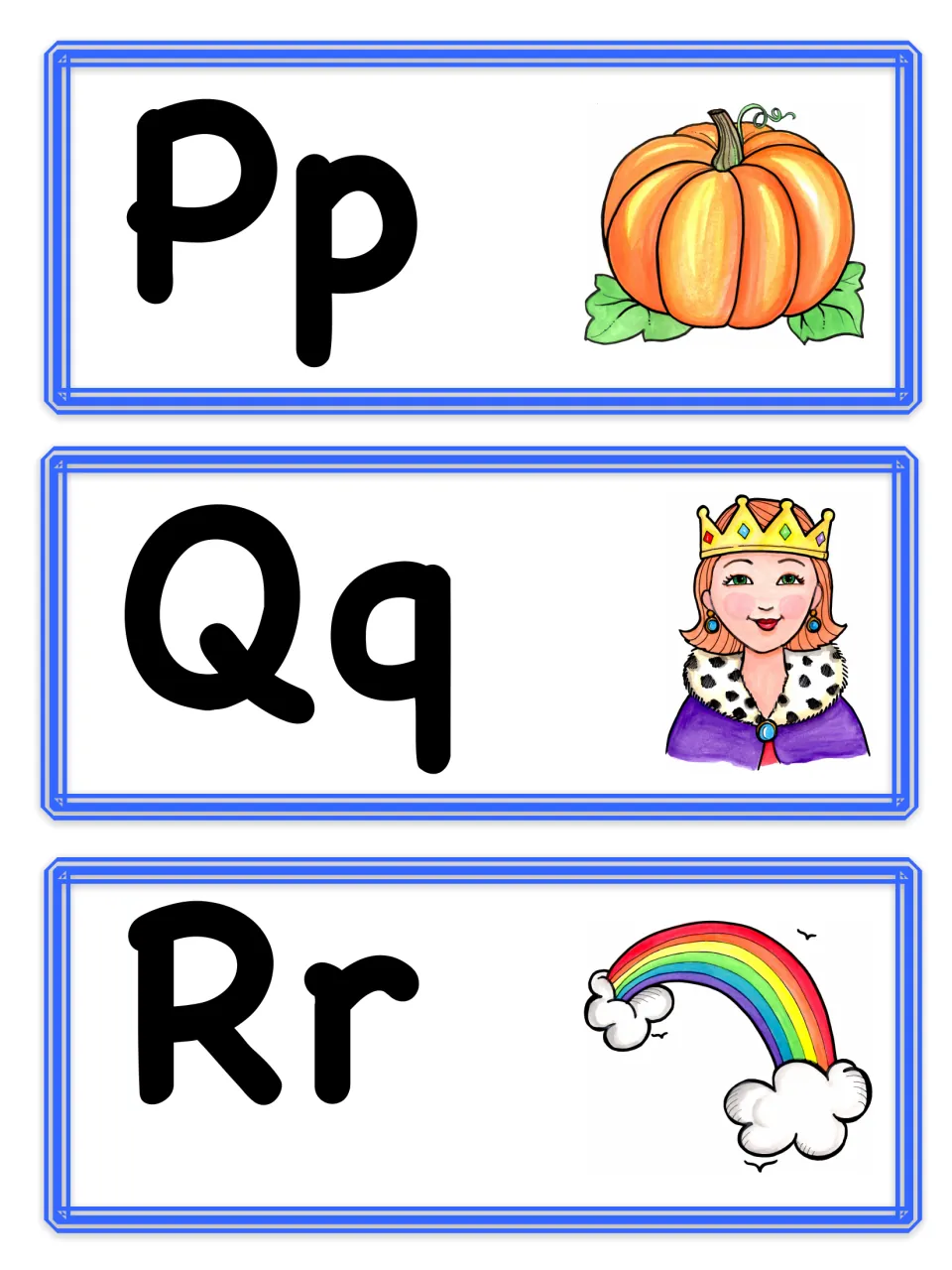 Letter cards Pp, Qq and Rr with picture cues for initial sounds: pumpkin, queen in a crown and rainbow
