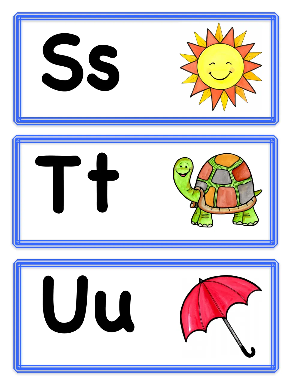 Letter cards Ss, Tt and Uu with picture cues for initial sounds: smiling sun, turtle and umbrella