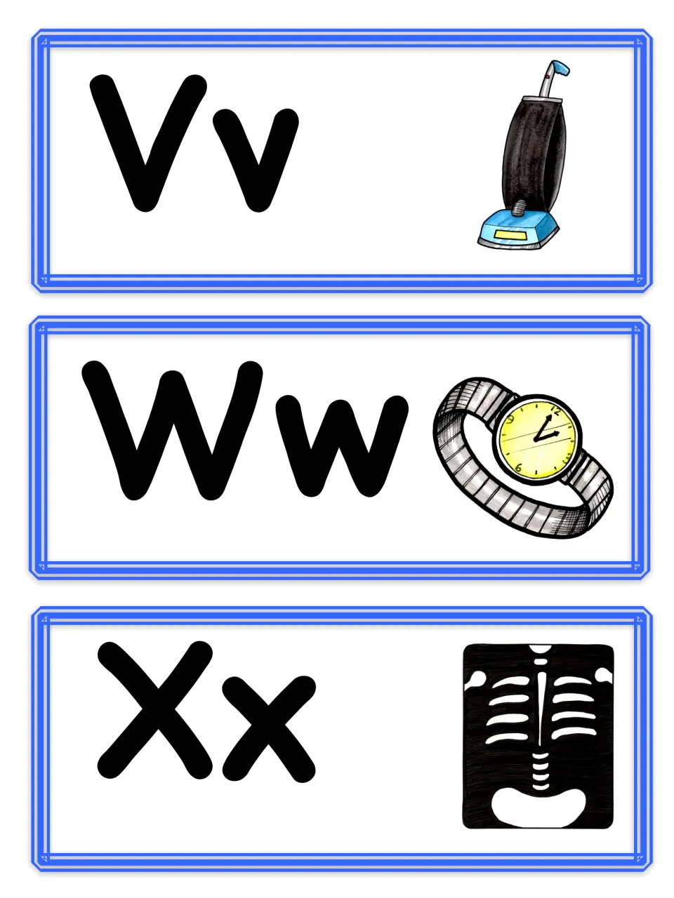 Letter cards Vv, Ww and Xx with picture cues: vacuum cleaner, wristwatch and chest x-ray