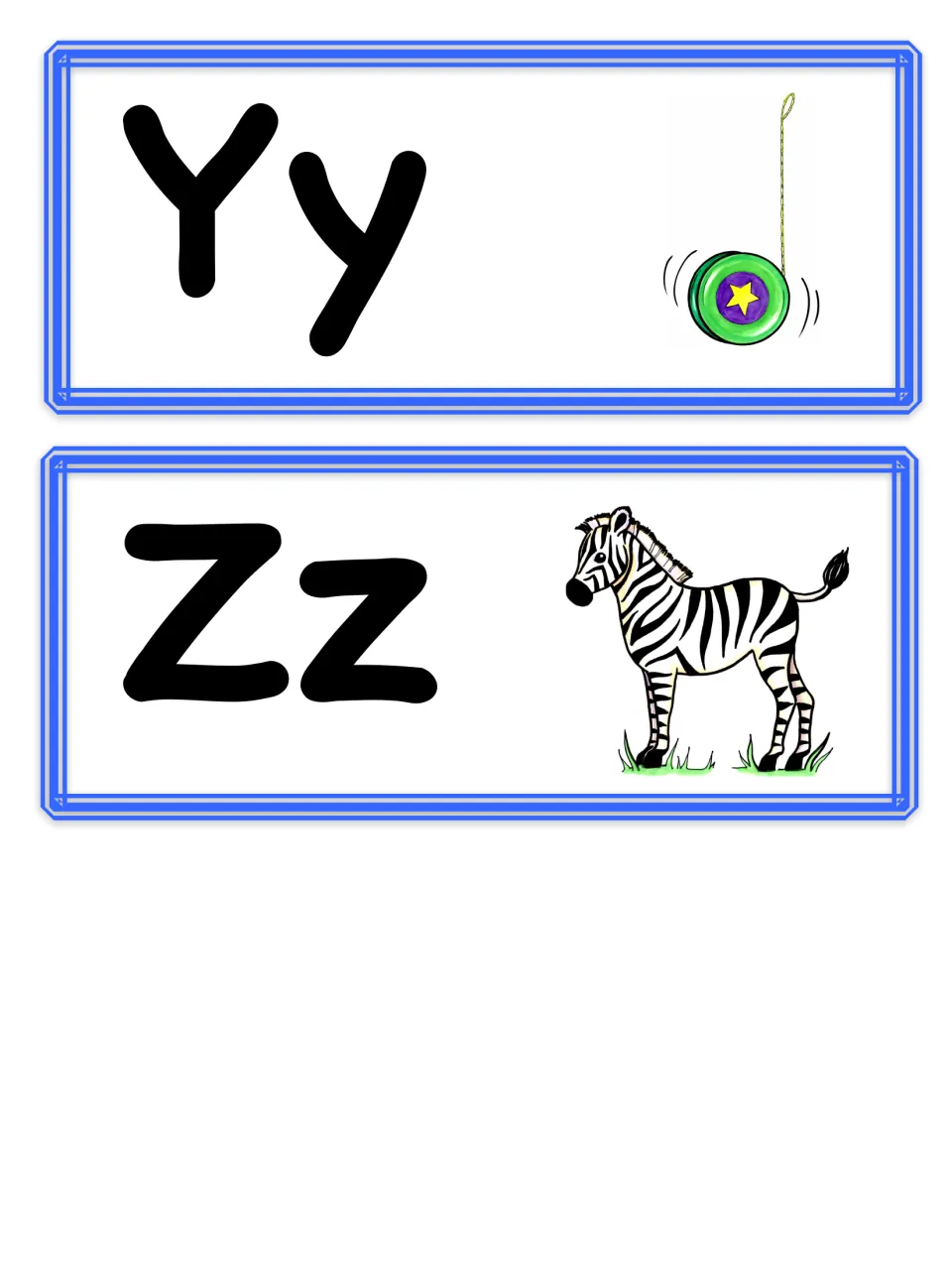 Final letter cards Yy and Zz with picture cues for initial sounds: spinning yo-yo and zebra