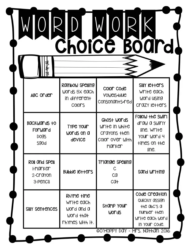 Word Work Choice Board – 16 Spelling Activities – cover