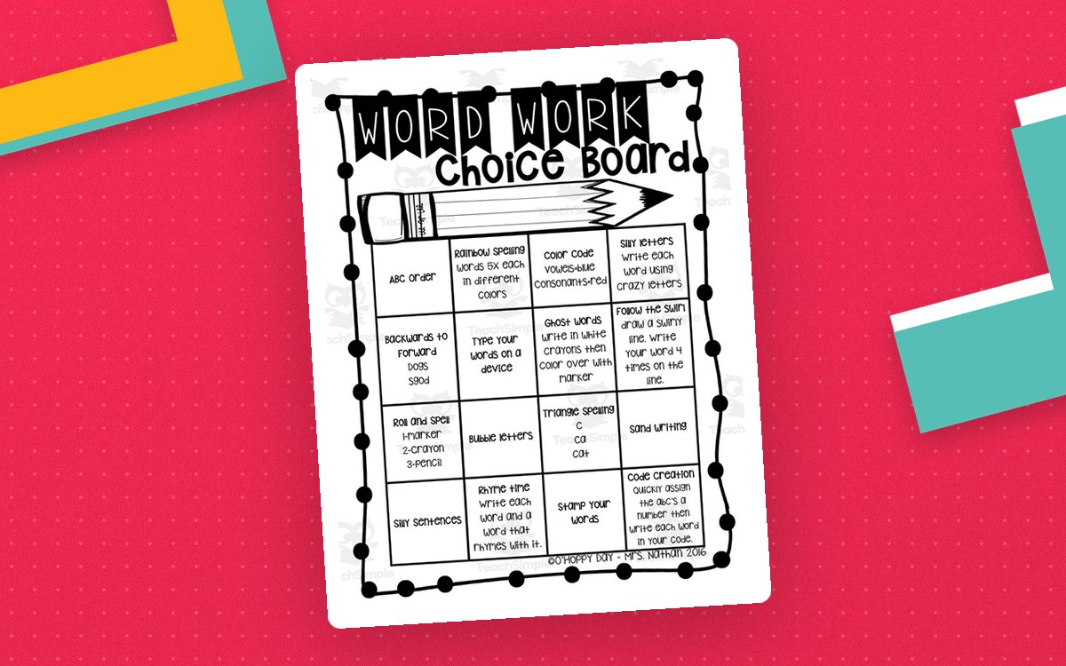 Word Work Choice Board first image showing a pencil-shaped grid of sixteen spelling activities