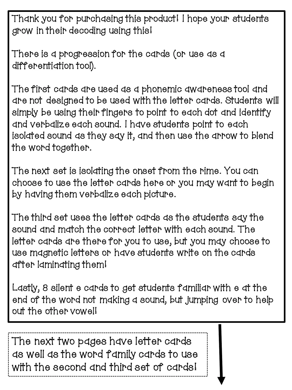 Teacher notes on the card progression: sound dots, onset and rime, letter matching, then 8 silent e cards