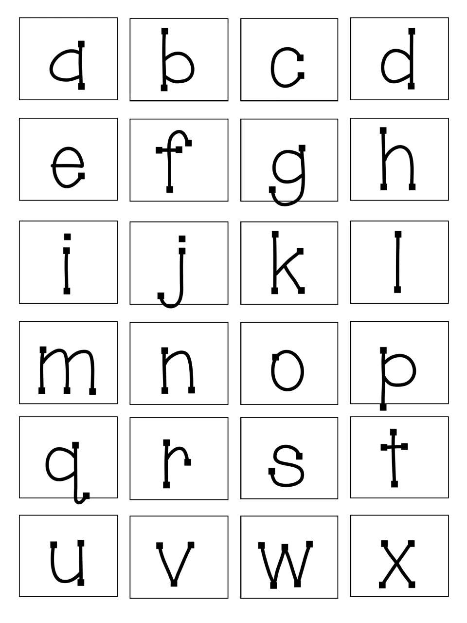 Lowercase letter cards a through x for students to match a letter to each sound they hear in a picture word