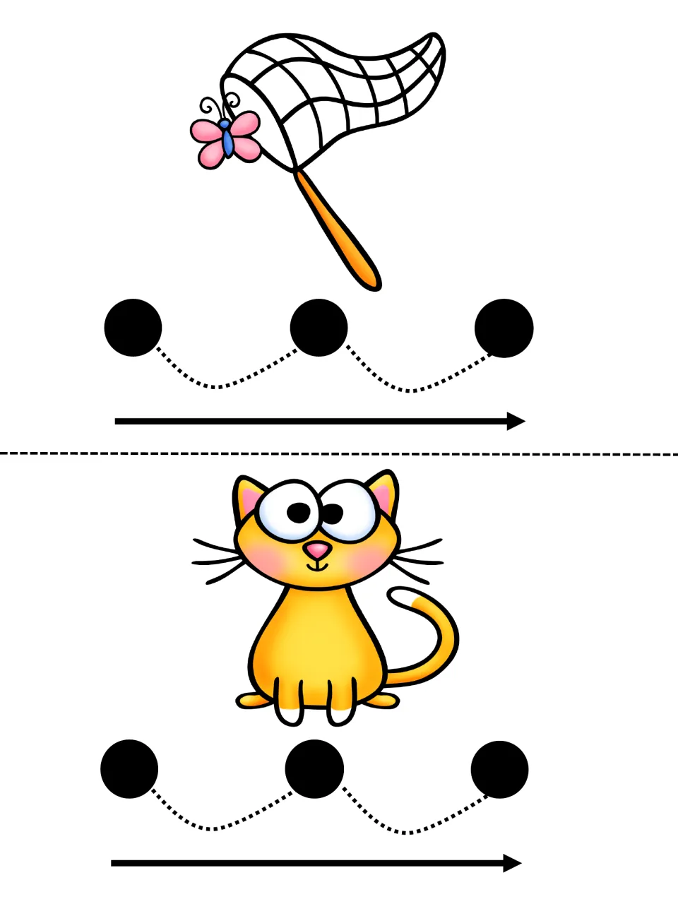 Sound blending cards: a butterfly net and a cat, each above three dots; students tap each sound, then blend