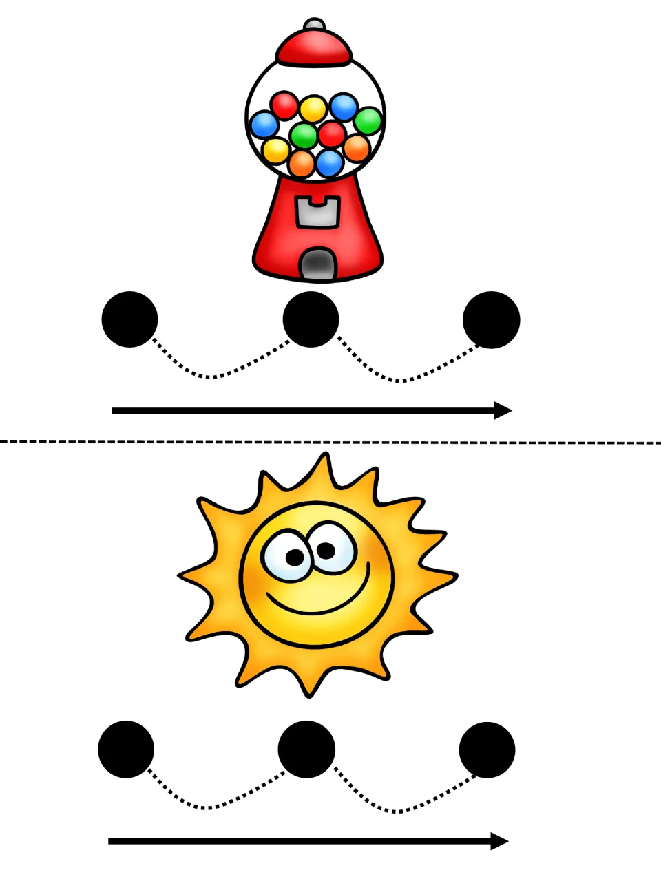 Segmenting cards for a gumball machine and a smiling sun: students point to three dots, saying one sound per dot