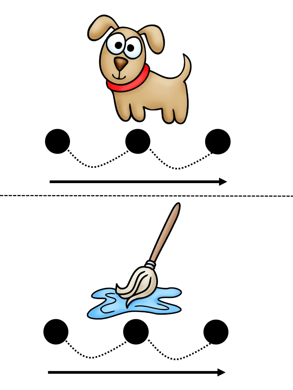 Three-sound cards picturing a puppy and a mop in a puddle; students touch a dot for each sound and blend the word