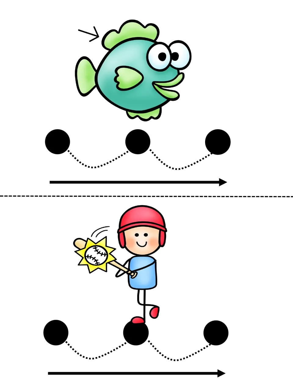 Blending cards showing a fish with an arrow to its fin and a child hitting a ball; students tap dots, then blend