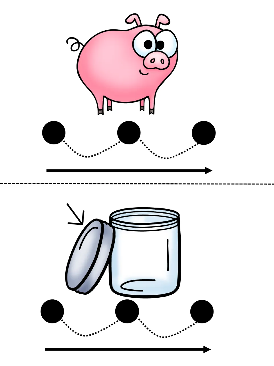 Phonemic awareness cards with a pig and a jar with an arrow to its lid; students point to each dot to say the sounds