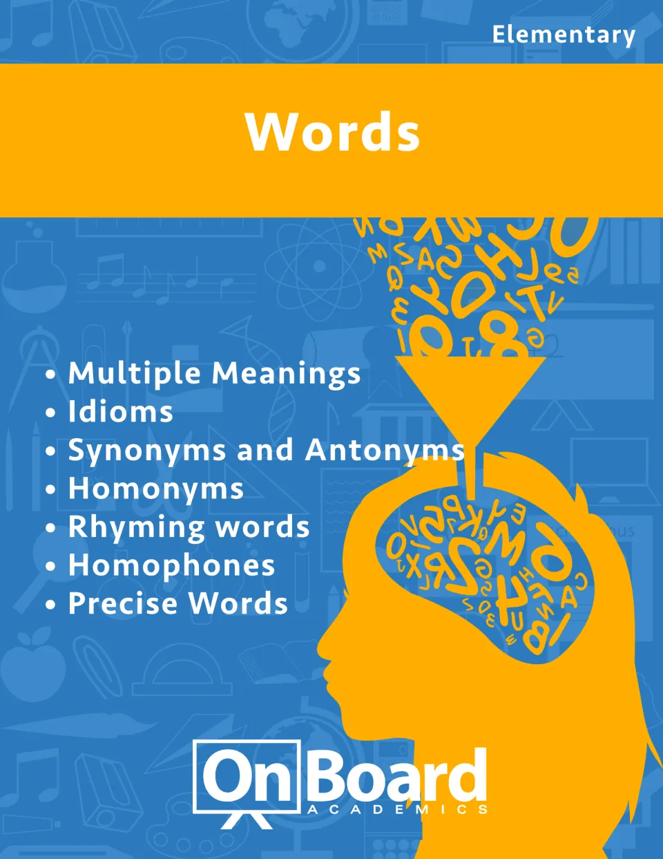 Workbook cover lists multiple meanings, idioms, synonyms and antonyms, homonyms, and three more topics