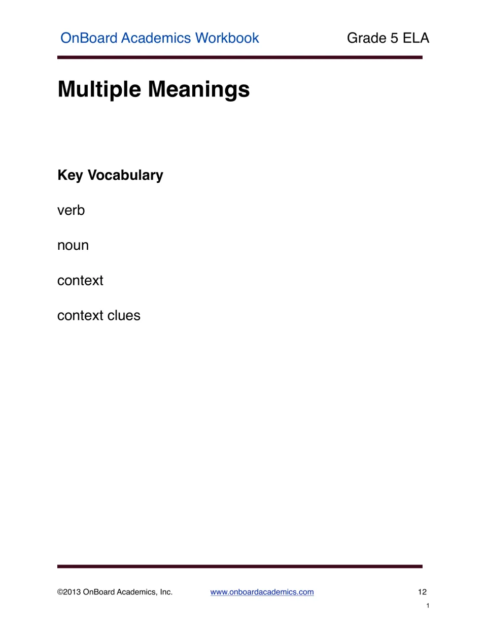 Multiple Meanings section opener lists four key vocabulary terms: verb, noun, context, and context clues