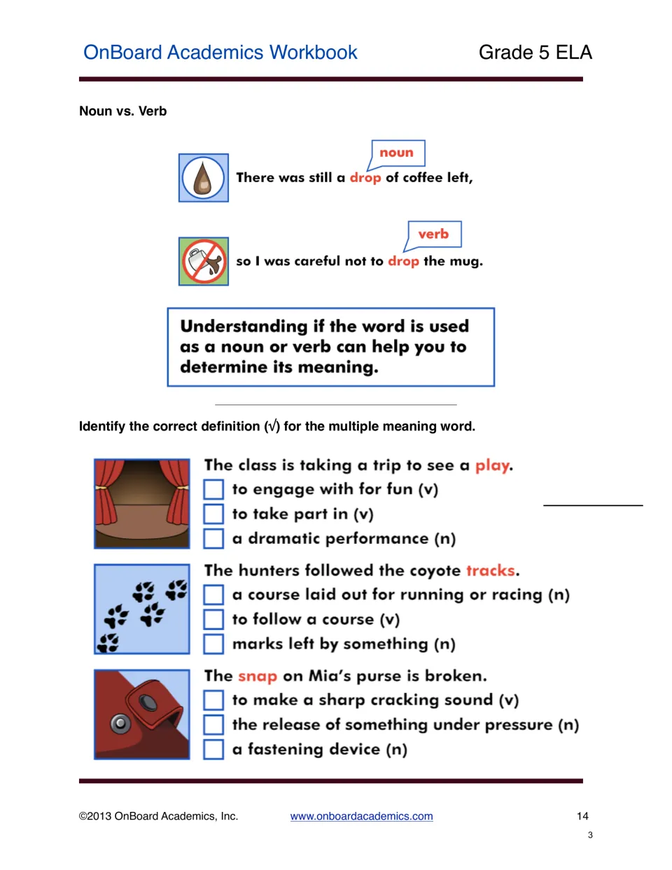 Noun-versus-verb lesson models two meanings of drop, then asks students to define play, tracks, and snap
