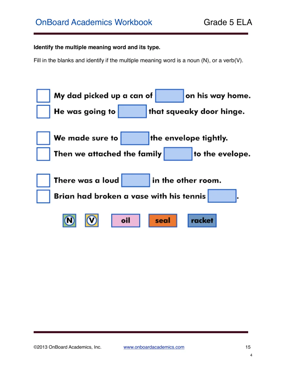 Multiple-meanings practice asks students to complete six sentences using oil, seal, and racket and label N or V