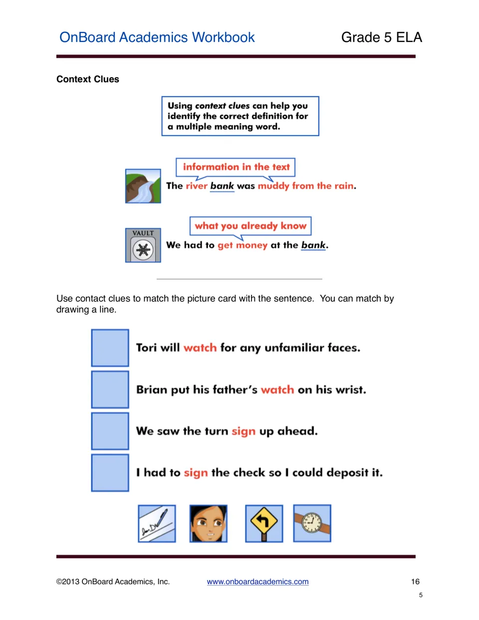 Context-clues lesson contrasts river and money meanings of bank, then matches watch and sign sentences to pictures