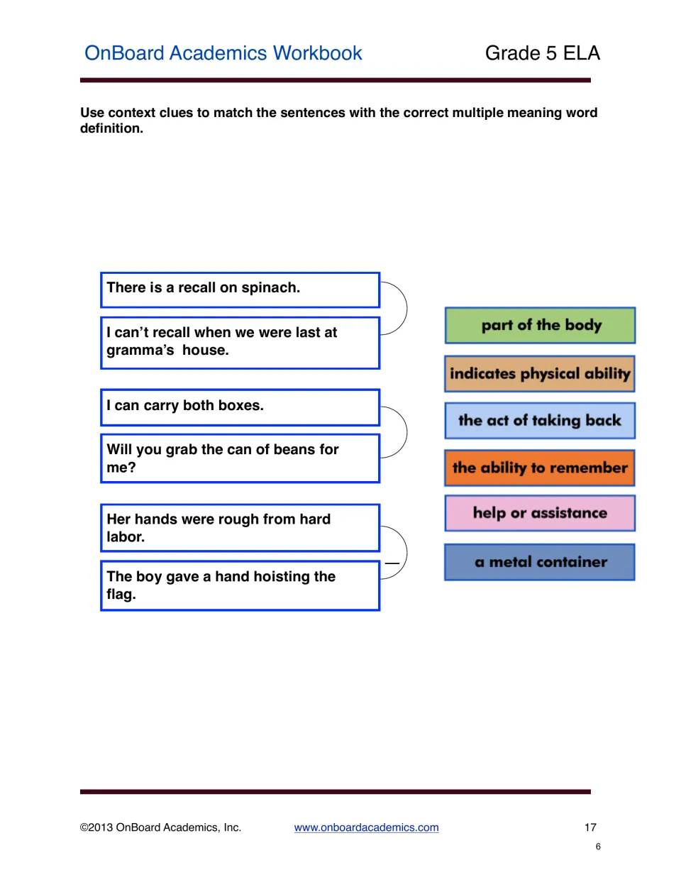 Context-clues practice matches six sentences using recall, can, and hands or hand to their correct definitions