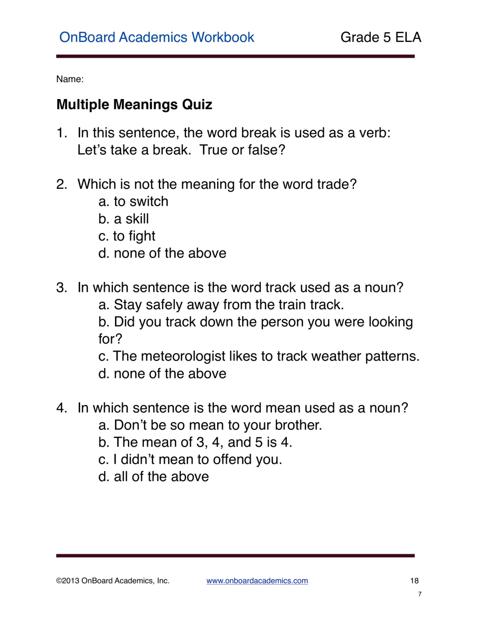 Multiple Meanings Quiz asks four questions about break as a verb, trade meanings, and track and mean as nouns
