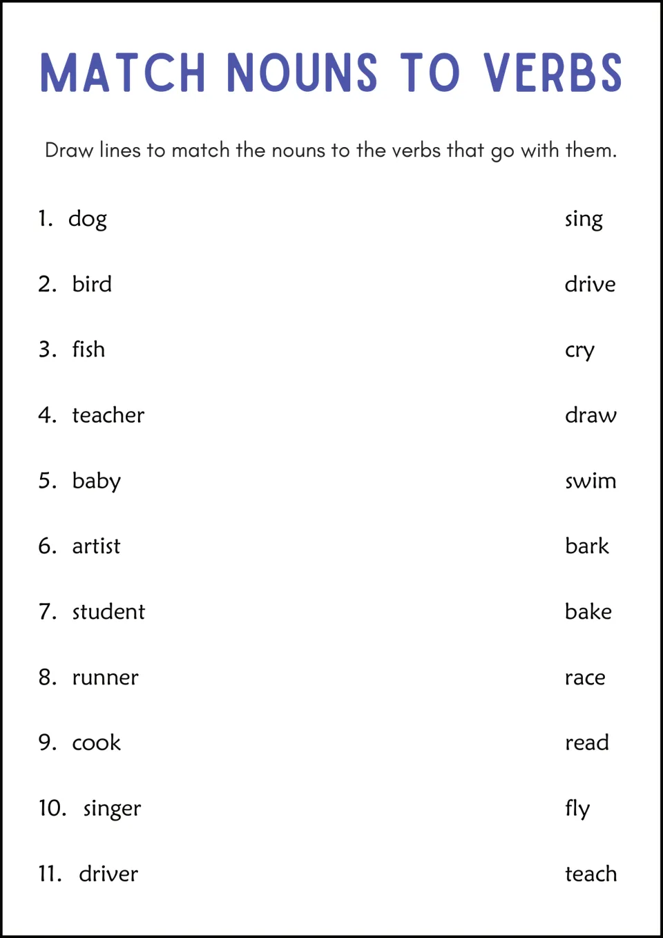 Match Nouns to Verbs: students draw lines pairing 11 nouns like dog, fish and baby with verbs such as bark, swim and cry