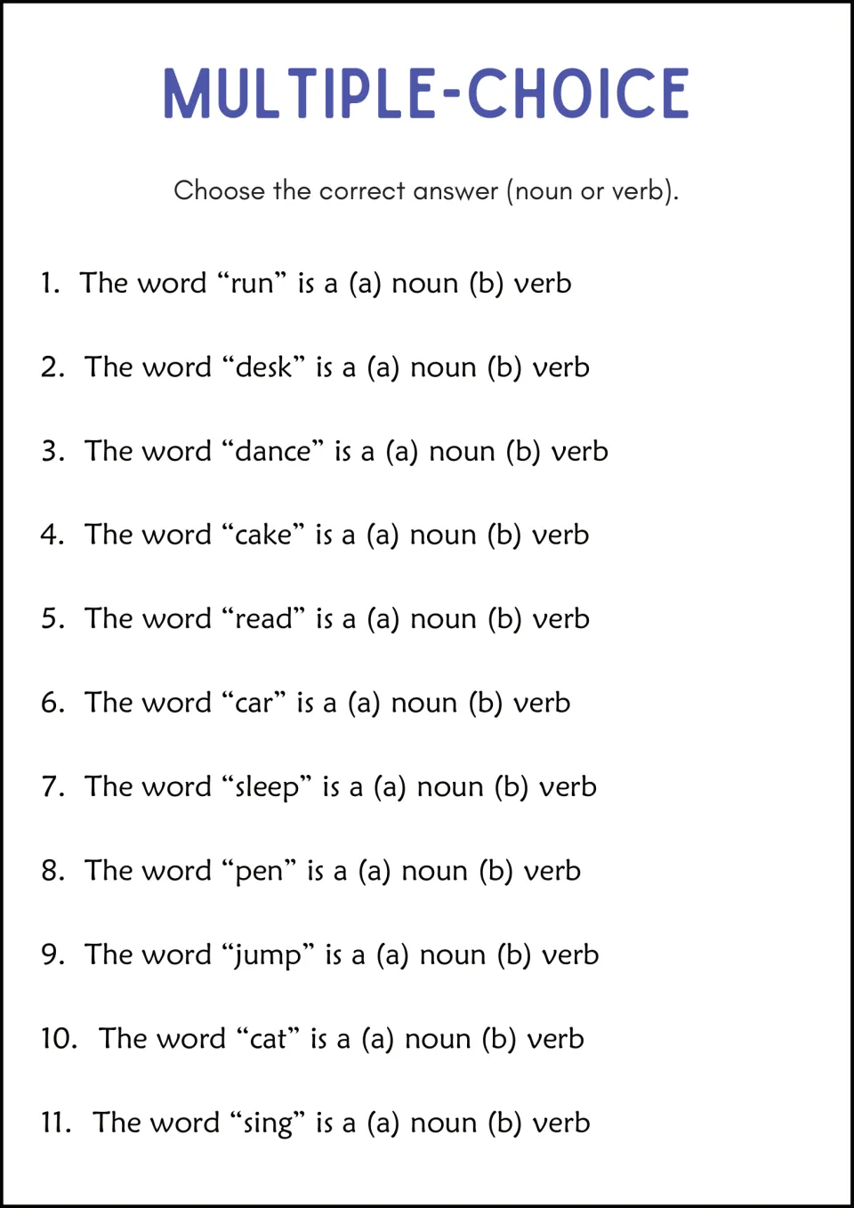 Multiple-Choice: students choose (a) noun or (b) verb for 11 words such as run, desk, cake, sleep and cat