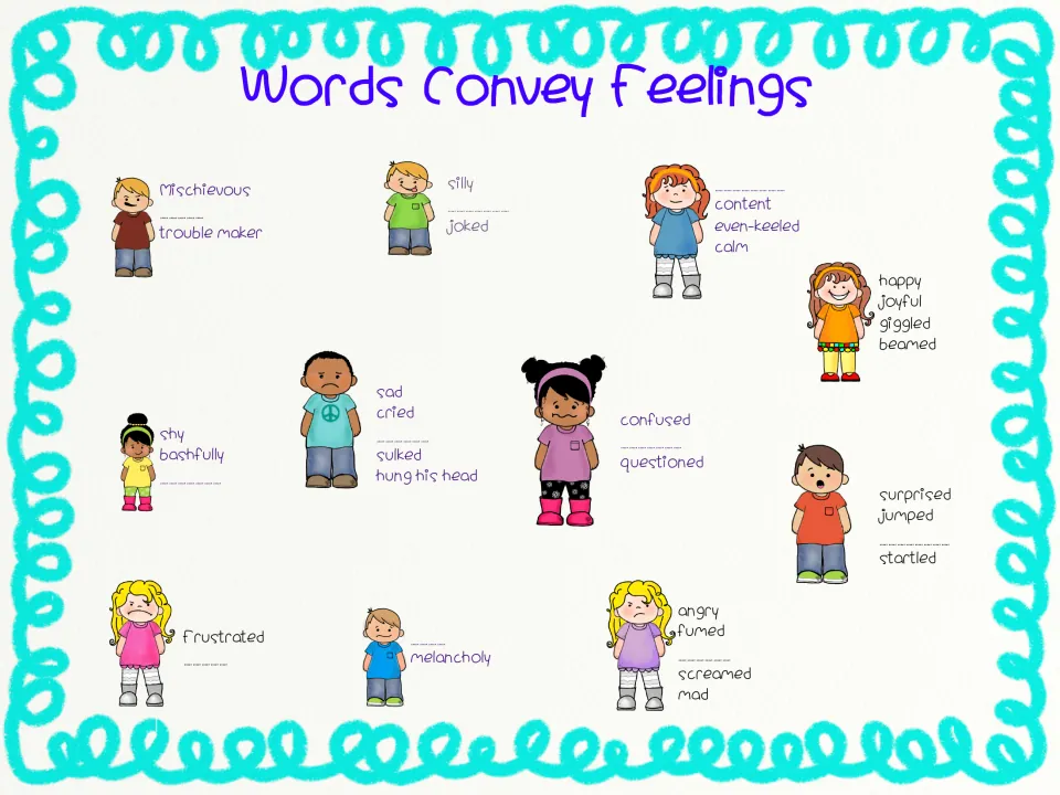 Fill-in feelings chart: students write a missing word beside most children, such as a synonym for silly, shy, sad or angry