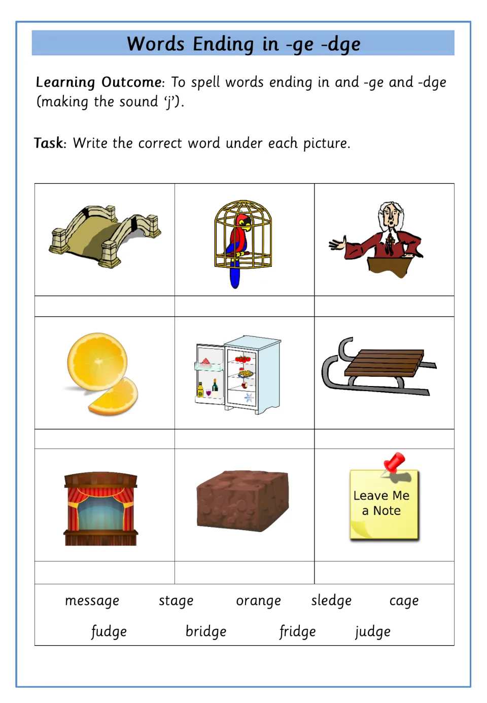 -ge/-dge picture labeling: students write the right word under 9 pictures such as bridge, cage, judge and sledge