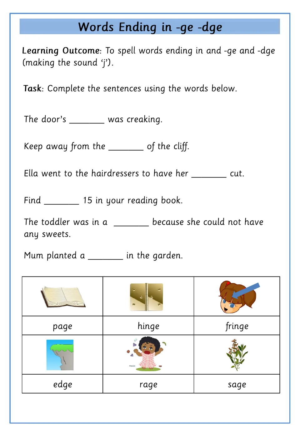 -ge/-dge sentence completion: students fill 6 blanks using hinge, edge, fringe, page, rage and sage from a picture bank