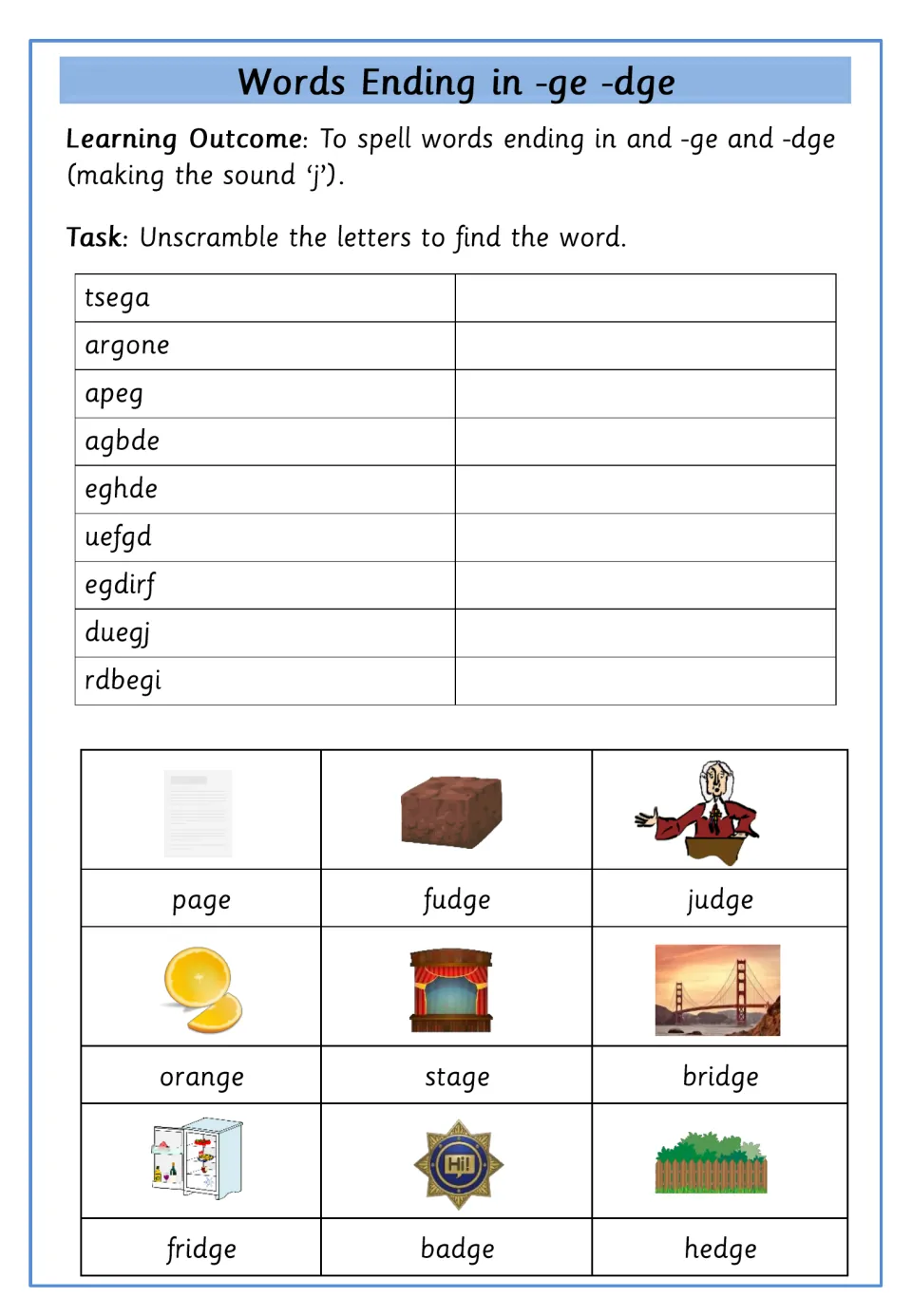 Unscrambling -ge/-dge words: students unscramble 9 words like tsega and egdirf, with a labeled picture bank as support
