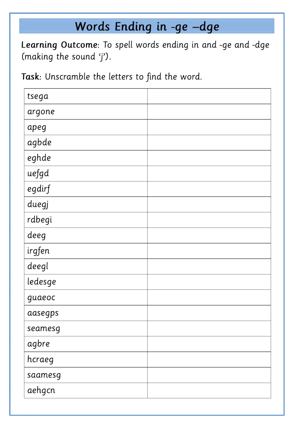Unscrambling -ge/-dge words: students unscramble 20 jumbled words such as deeg, irgfen and hcraeg with no picture help
