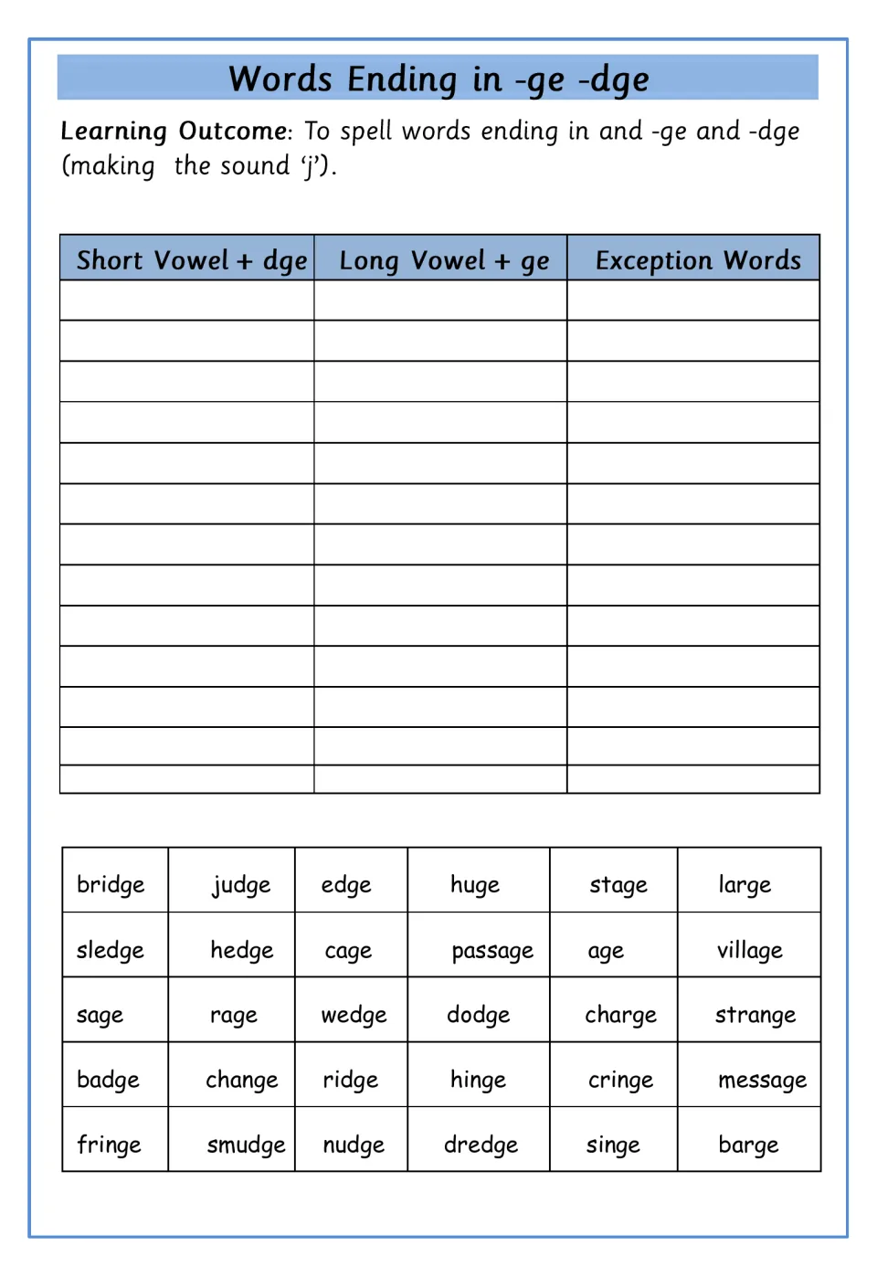Sorting -ge/-dge words: students sort 30 words into short vowel + dge, long vowel + ge and exception words