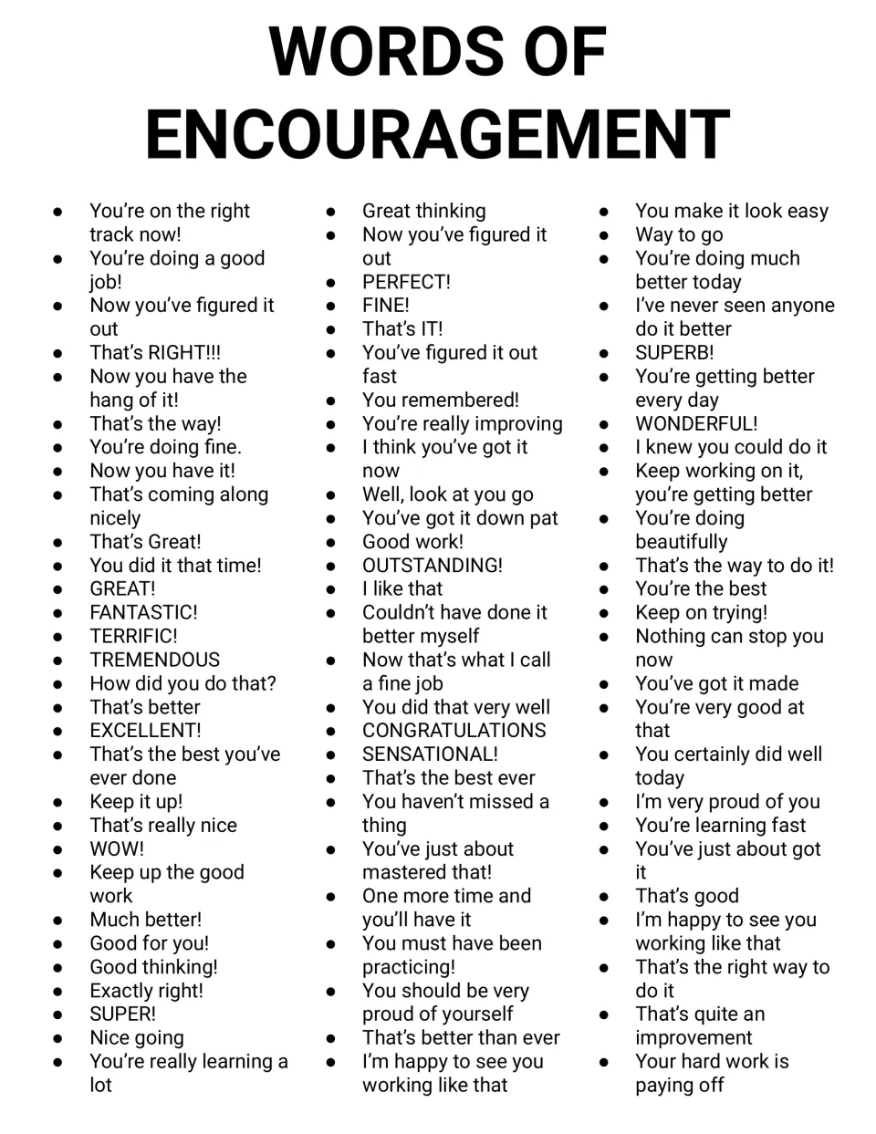 Teacher reference list of encouraging phrases, including “Great thinking,” “Keep it up!” and “You remembered!”