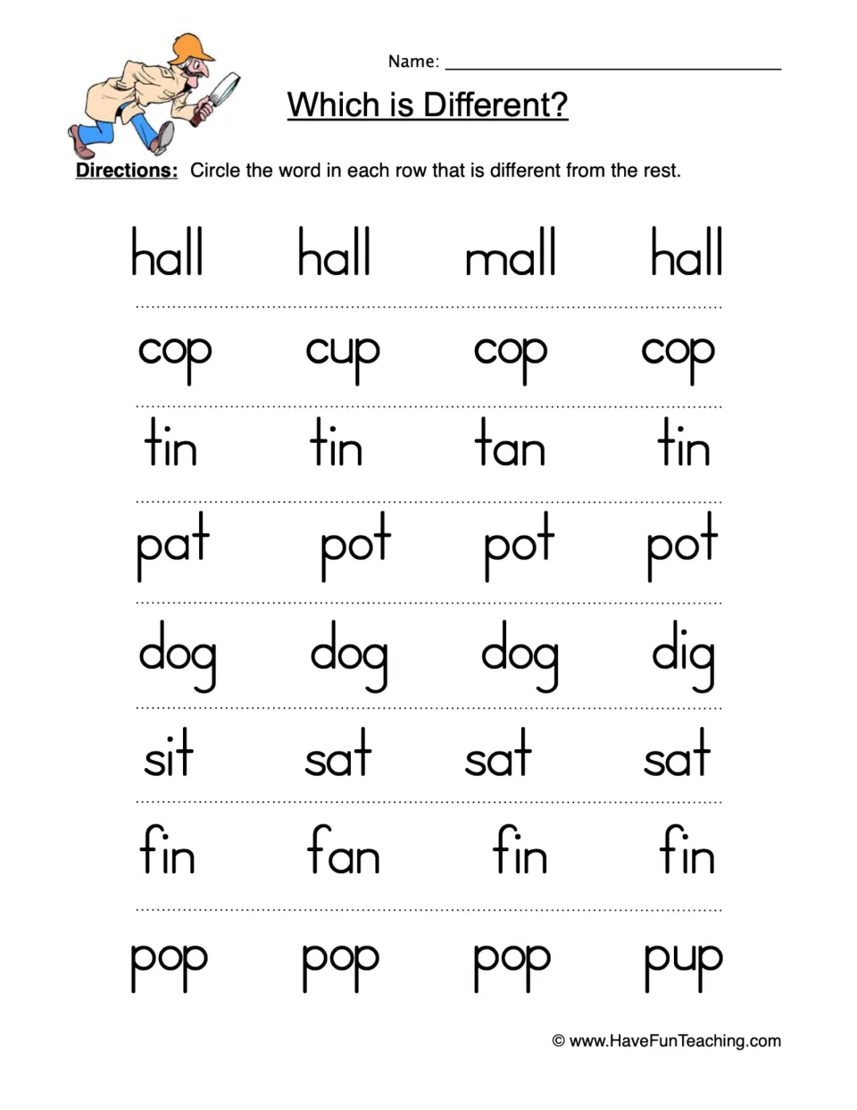Which is Different? Students circle the odd word in 8 rows of four, such as hall/mall, cop/cup and dog/dig