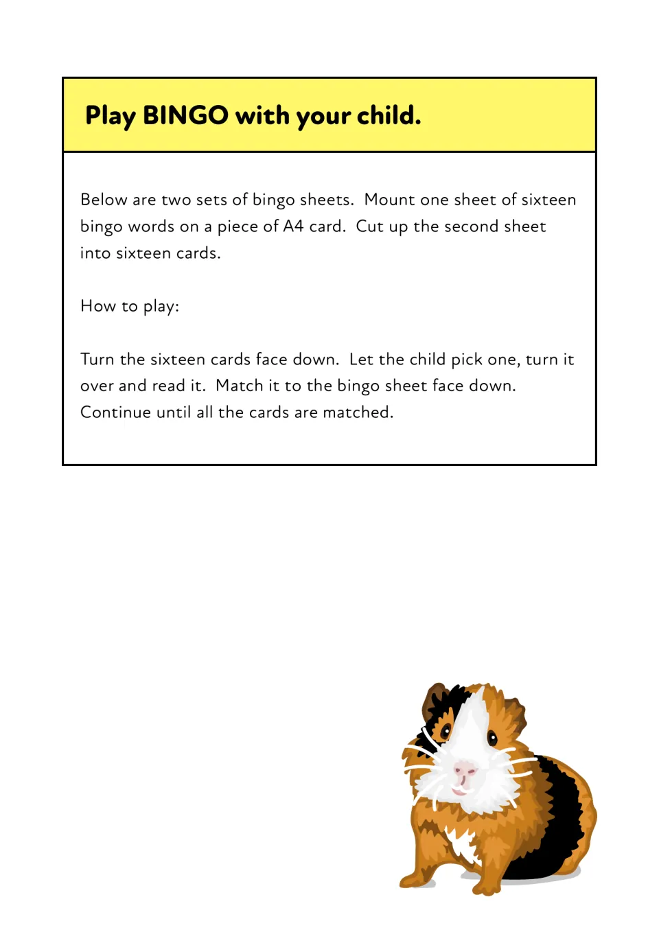 Bingo word-reading directions: mount one sheet of 16 words on card, cut the other into cards, then pick, read and match