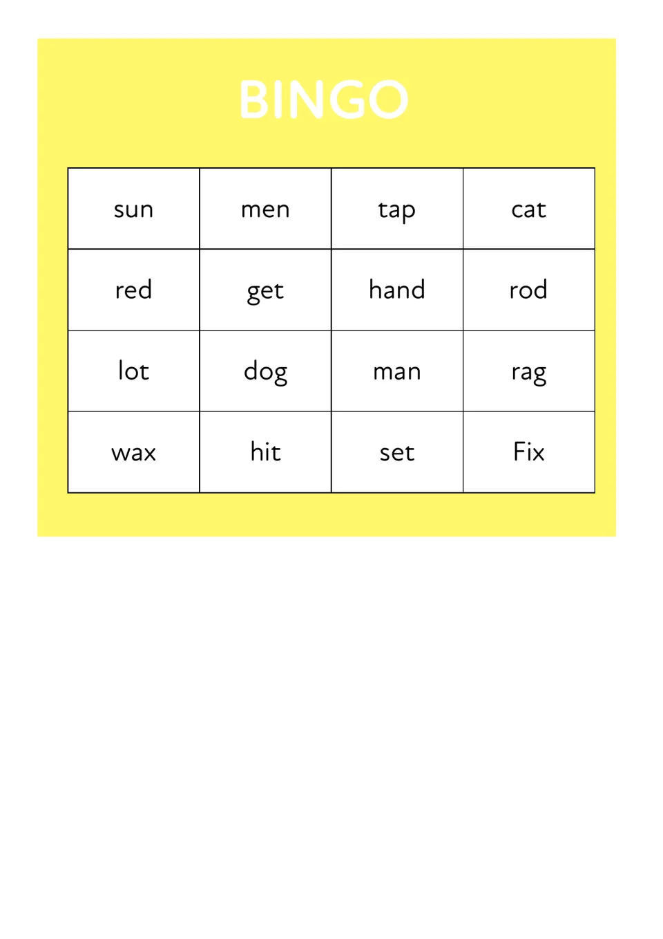 BINGO board 1 for reading short words: sun, men, tap, cat, red, get, hand, rod, lot, dog, man, rag, wax, hit, set, fix