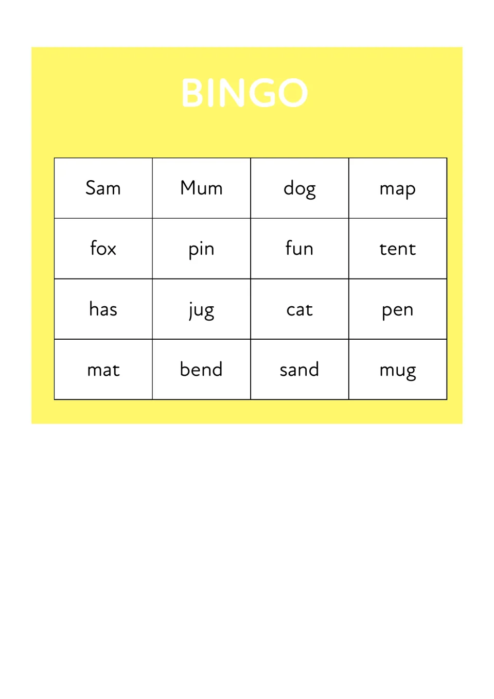 BINGO board 2 for reading short words: Sam, Mum, dog, map, fox, pin, fun, tent, has, jug, cat, pen, mat, bend, sand, mug
