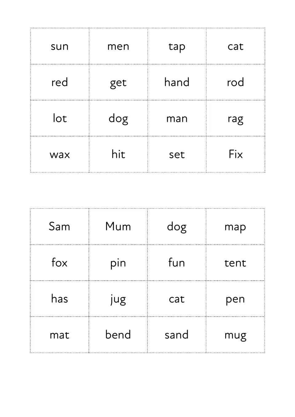 Cut-out word cards matching both bingo boards: two sets of 16 phonic words, from sun to fix and from Sam to mug