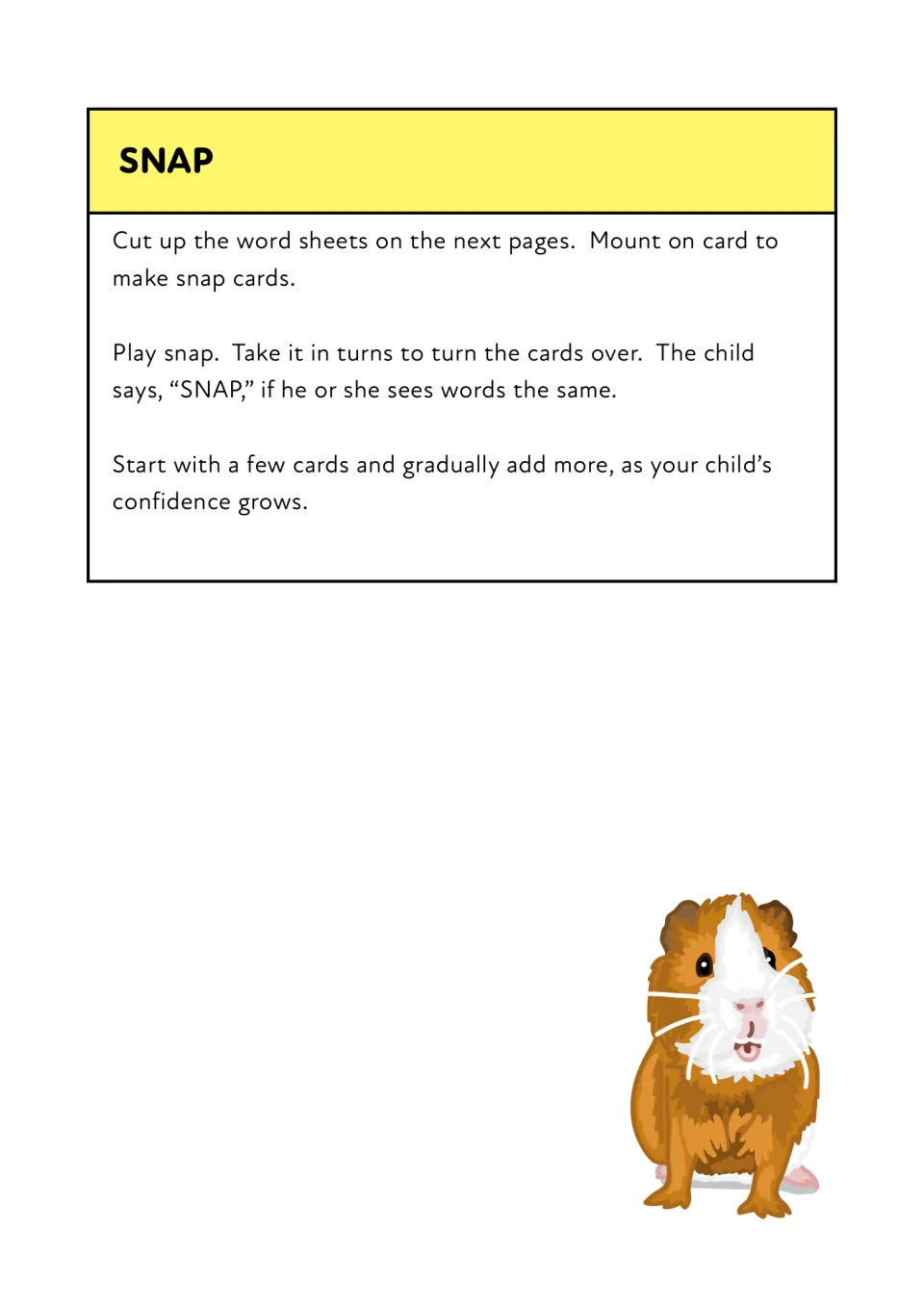 Snap game instructions: cut out word sheets, mount on card, take turns flipping and call SNAP when two words match