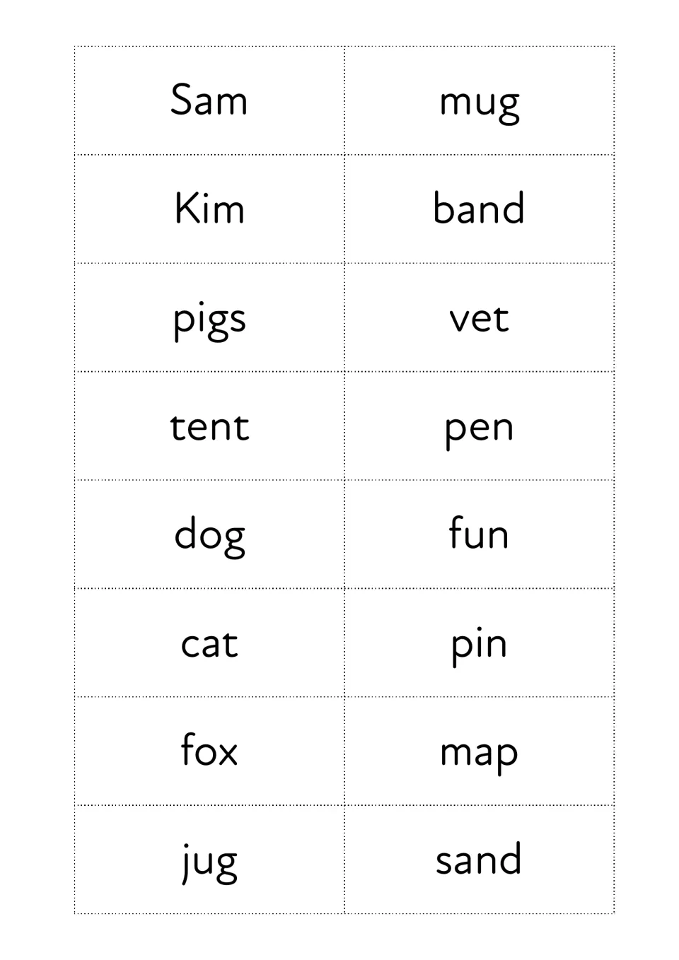 Snap word cards, first set: 16 short phonic words to cut out, including Sam, Kim, pigs, tent, dog, cat, fox, mug and vet