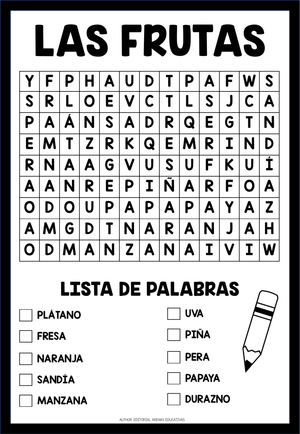 Spanish fruit word search for 10 words, including plátano (banana), fresa (strawberry) and naranja (orange).