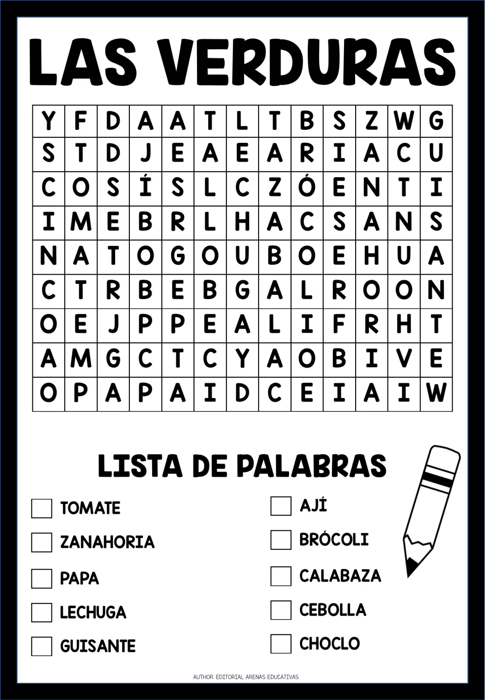 Spanish vegetable word search for 10 words, including tomate (tomato), papa (potato), and ají (chili pepper)