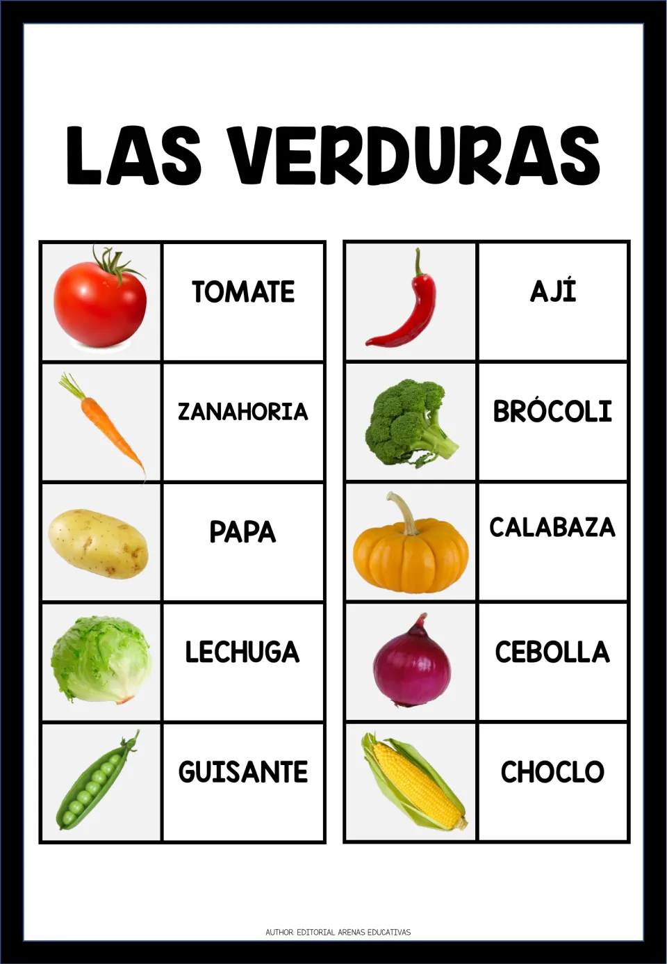 Vegetable vocabulary reference showing 10 labeled photos, including zanahoria (carrot) and cebolla (onion)