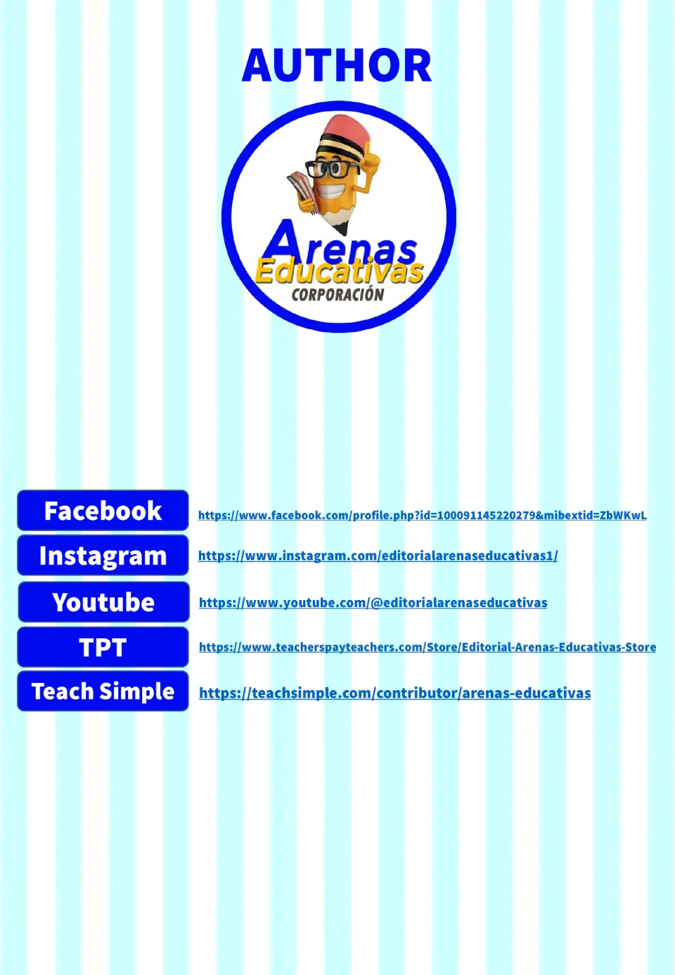 Author information page for the vegetable word search, naming Arenas Educativas and listing social links