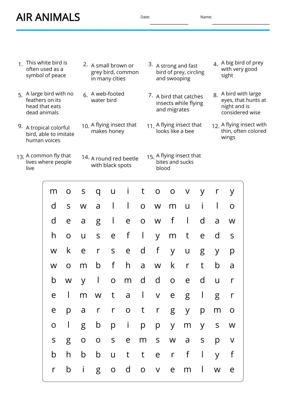 Air animals word search: students read 15 definitions, such as a bird that hunts at night, and find each bird or insect