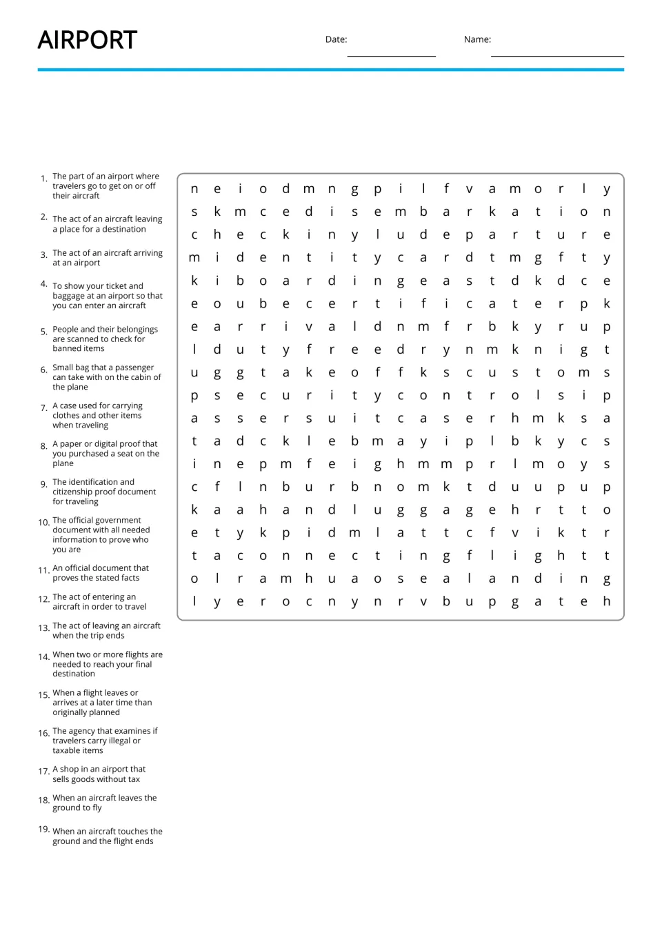 Airport vocabulary search: students match 19 clues, like a shop that sells goods without tax, to hidden travel words