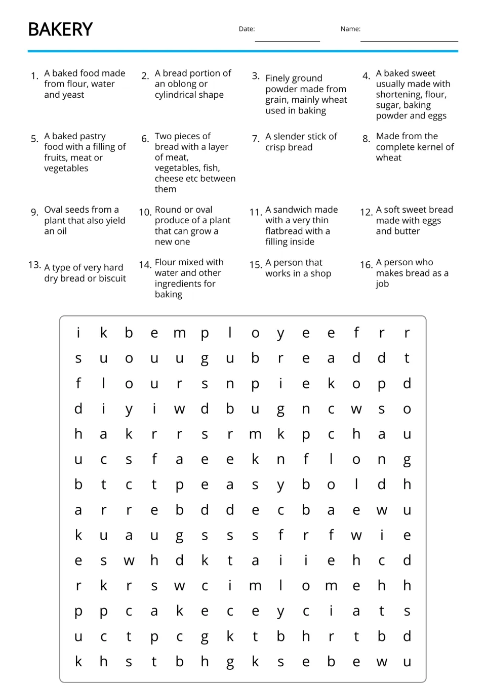 Bakery word search: students use 16 definitions, such as a person who makes bread as a job, to find bakery words